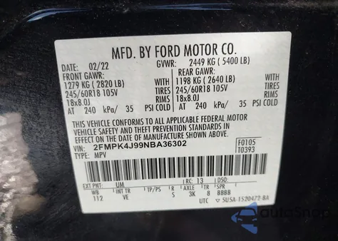 2022 Ford Edge Sel из США, поврежденный, VIN 2FMPK4J99NBA36302